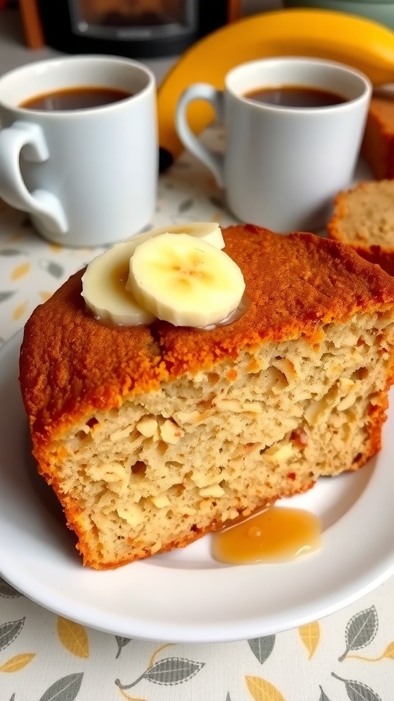 Single Serving Banana Bread Recipe A slice of moist banana bread on a plate with banana slices and butter, in a cozy kitchen setting.